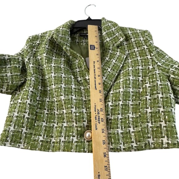Fashion Nova Christine Tweed Cropped Blazer Jacket L Green White Dressy Preppy - Picture 8 of 10